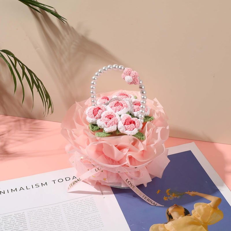 YOOJEE Crochet Flower Bouquet Pink Valentines Day Gift for Her Wife Girlfriend Women Sister Handmade Knitted Rose Basket for Mother Women Teachers Coworkers Gradient Pink Yarn Flower - Image 5